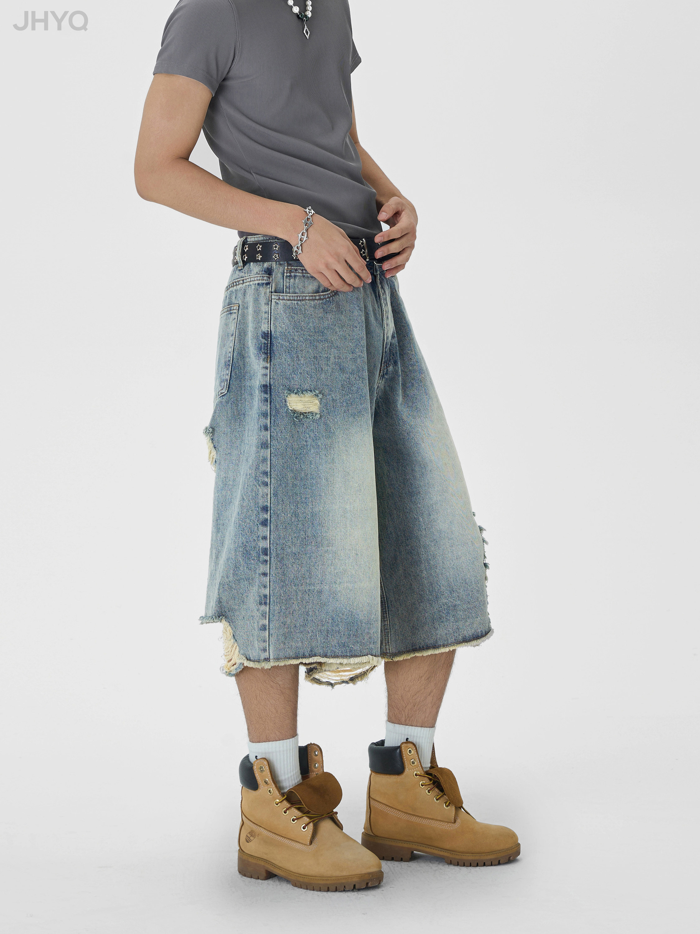 JHYQ WASHED DISTRESSED RIPPED BRUSHED RETRO CROPPED DENIM SHORTS FOR MEN AND WOMEN LOOSE WIDE-LEG TRENDY CASUAL PANTS