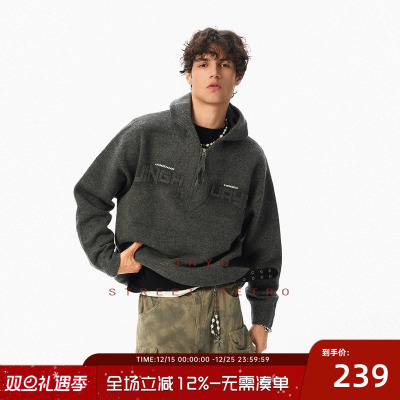 JHYQ净化眼球秋冬连帽半拉链领毛衣衫男美式休闲宽松卫衣加厚外套