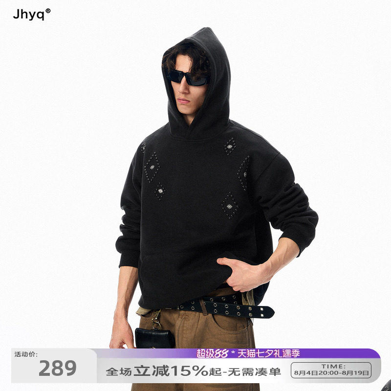 JHYQ美式菱形钉珠连帽卫衣男宽松潮牌上衣oversize潮流时尚帽衫