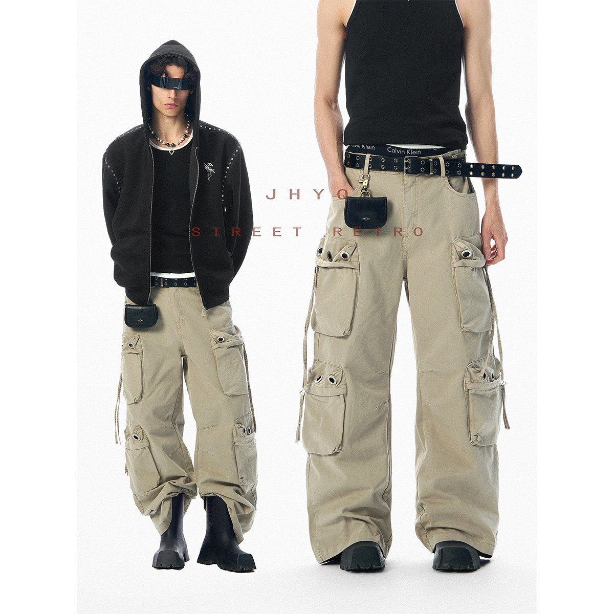 JHYQ复古街头风大气眼设计多口袋工装裤男女宽松卡其色直筒休闲裤,男装,休闲裤,淘宝优惠券,粉丝福利购,淘宝优惠卷