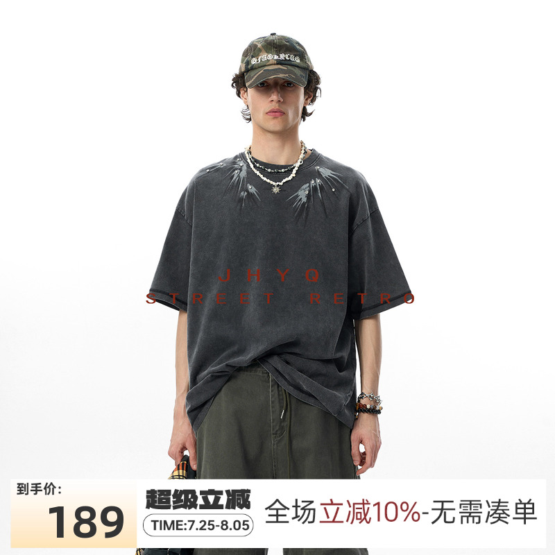 【燕尾】JHYQ美式水洗做旧印花镶钻短袖T恤男宽松重磅圆领上衣夏