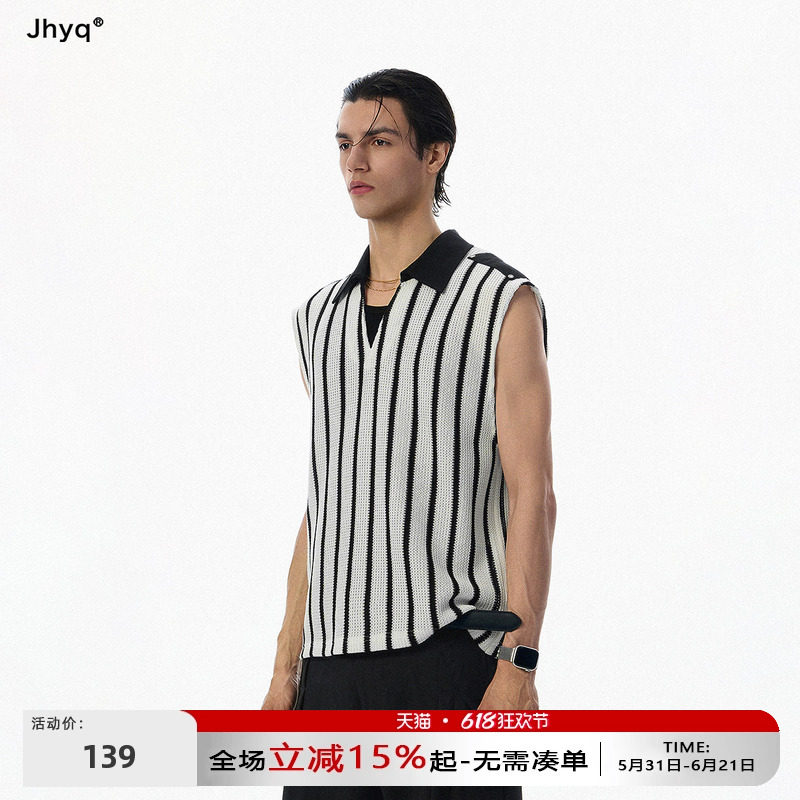 JHYQ美式复古撞色翻领条纹针织背心男夏季无袖V领休闲马甲上衣