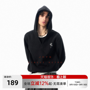 JHYQ春季飞马哥特J印花连帽V领卫衣男女休闲套头短款情侣宽松外套