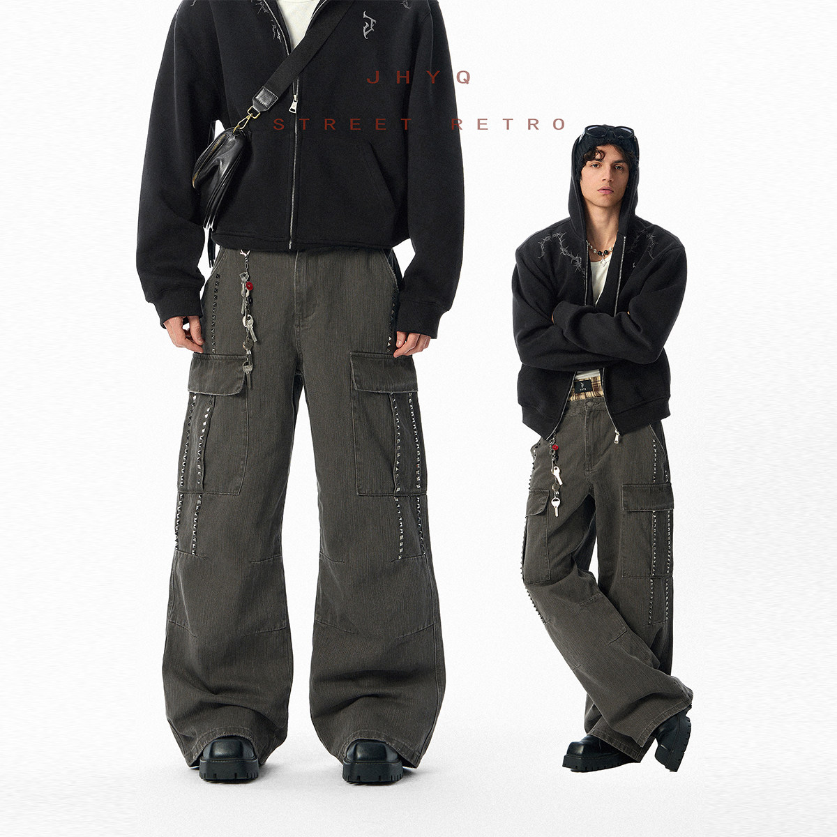 JHYQ净化眼球春秋复古竹节棉打钉工装裤男款宽松直筒休闲裤阔腿裤,男装,休闲裤,淘宝优惠券,粉丝福利购,淘宝优惠卷