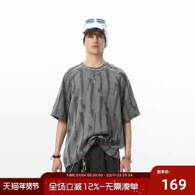 JHYQ美式复古破洞异型领做旧短袖T恤男夏季新款宽松休闲潮牌上衣