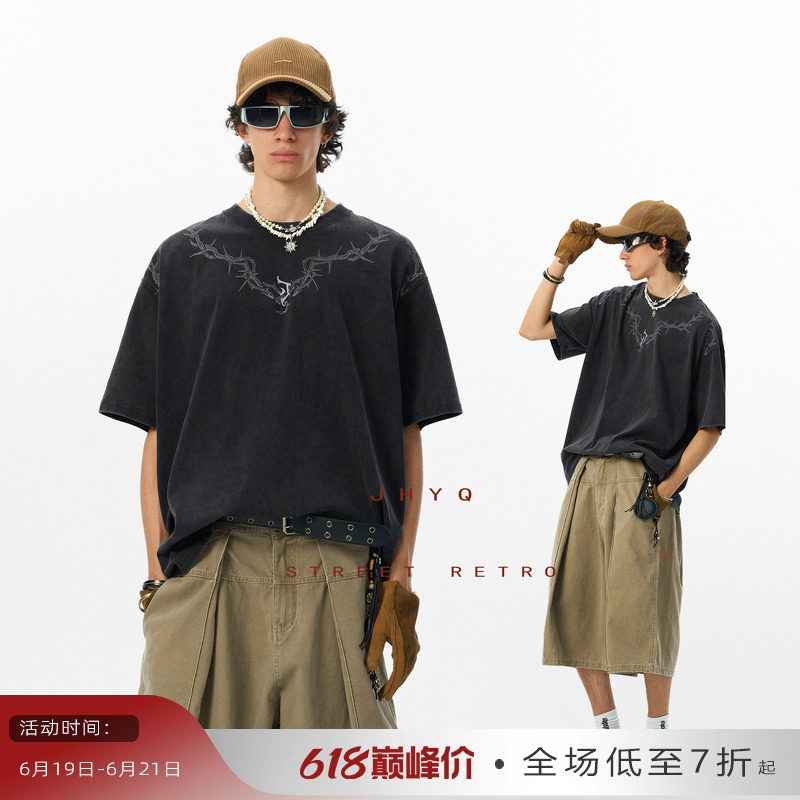 【邓为同款】JHYQ荆棘哥特J美式T恤男280g重磅水洗短袖宽松圆领体