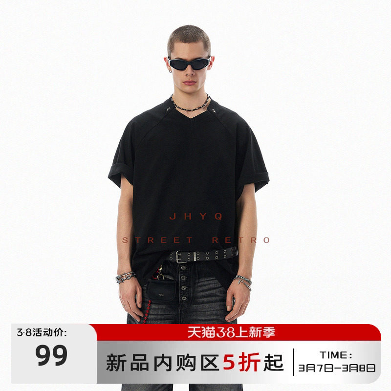 JHYQ美式打钉恶魔之眼异型V领短袖T恤男宽松重磅纯棉百搭体恤