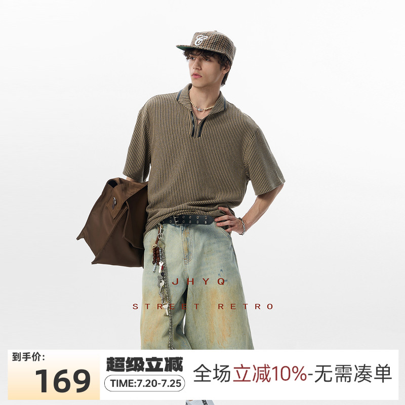JHYQ美式复古条纹翻领休闲短袖T恤男宽松潮牌半袖上衣时尚体恤