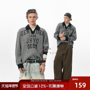 JHYQ净化眼球美式复古条纹polo长袖T恤男翻V领字母印花卫衣上衣