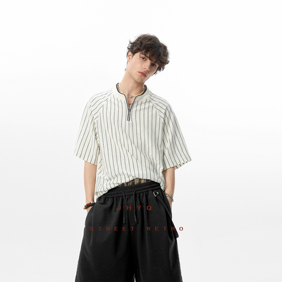 JHYQ美式复古拉链圆领条纹透气短袖T恤男士休闲宽松潮牌插肩上衣