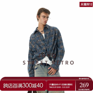 JHYQ美式休闲复古街头扎染基础格子衬衫宽松翻领高街潮牌长袖上衣