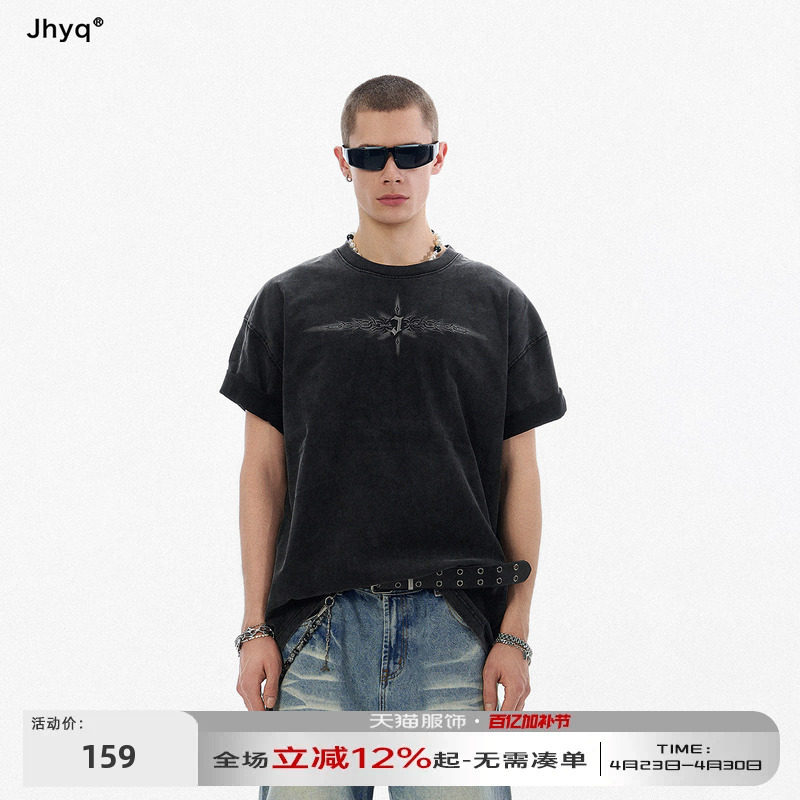 JHYQ美式复古手工金属J字母荆棘印花水洗短袖T恤男宽松休闲上衣体