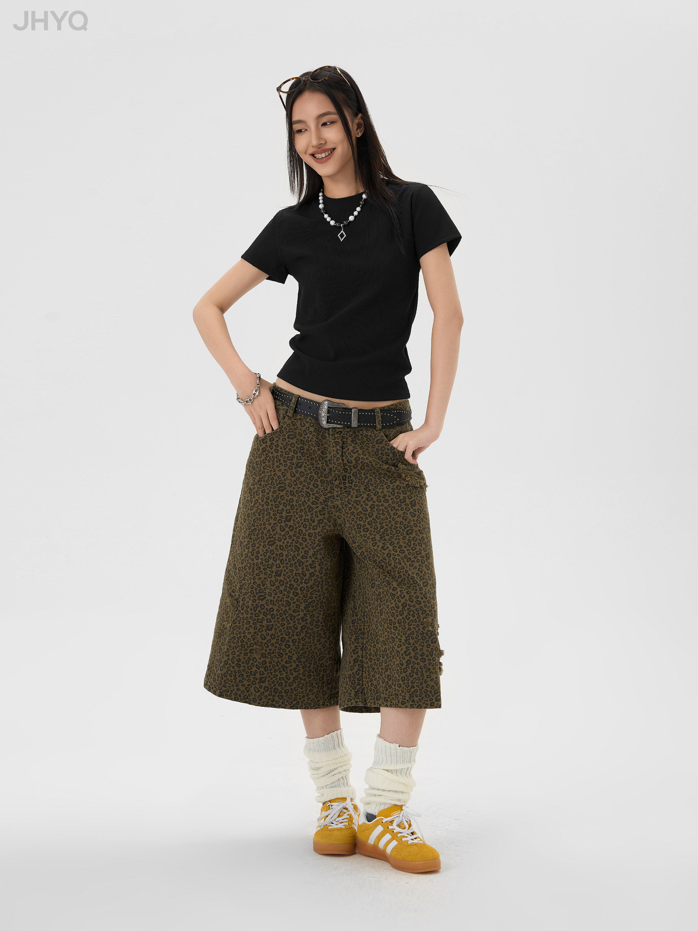 JHYQ SUMMER AMERICAN LEOPARD PRINT SEVEN-PRONGED SHORTS MENS FASHION BRAND LOOSE WIDE-LEGGED SKINNY CASUAL CASUAL PANTS