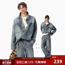 JHYQ美式 外套男潮牌宽松休闲撞色夹克上衣 复古水洗做旧牛仔衬衫
