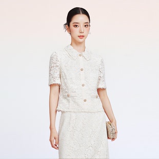 女翻领上衣 商场同款 拉珂显瘦修身 2025夏花卉蕾丝高雅气质小衫