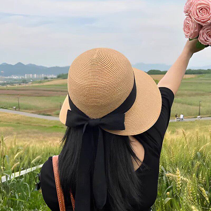 2026春夏季新款法式丝带蝴蝶结草编帽子女大檐防紫外线沙滩太阳帽