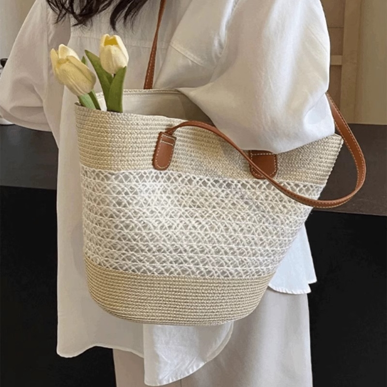 镂空特色草编包女大容量编织菜篮子夏日沙滩包法式单肩通勤托特包