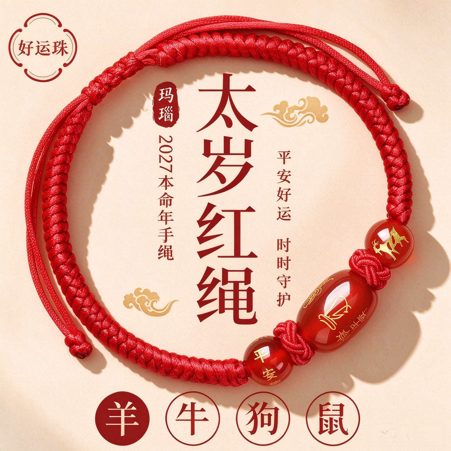 2027本命年红绳手链十二生肖羊年护身符手工编织玛瑙珠官方正品