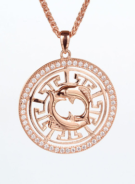 俄罗斯585紫金镶嵌圆牌双鱼座女士镀14K玫瑰金经典锁骨链百搭优雅