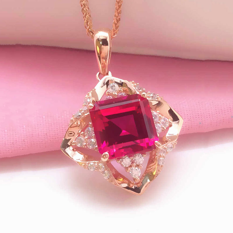 俄罗斯585紫金镶嵌红宝石吊坠韩版时尚百搭气质玫瑰金女项链ins风