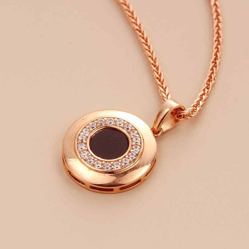 俄罗斯585紫金镶嵌黑色圆形吊坠镀14K玫瑰金经典时尚百搭项链女款