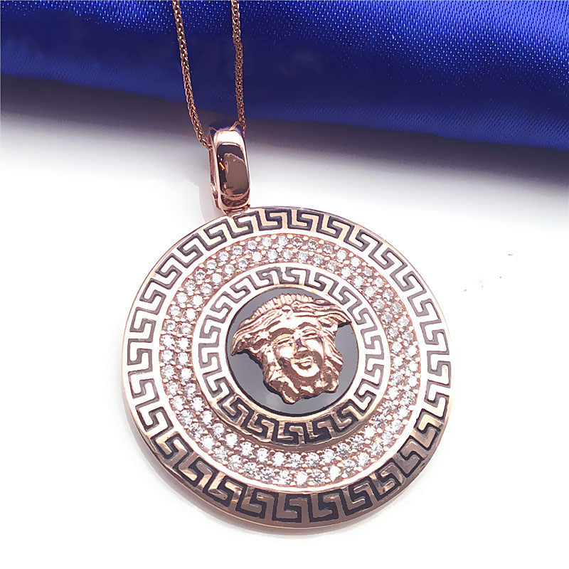 俄罗斯585紫金女士镀14K玫瑰金气质时尚版大方女圆形锆石吊坠项链