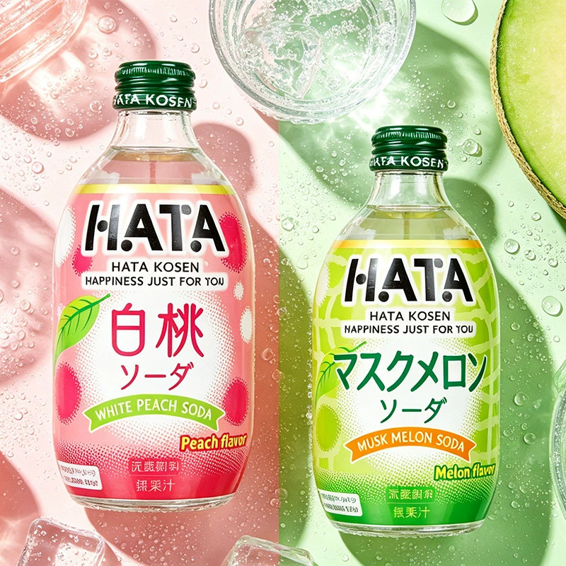 日本进口HATA果味汽水碳酸饮料白桃哈密瓜味友升同款300ml玻璃瓶