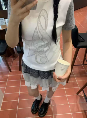 古早日杂撞色音符星星印花圆领T恤女轻亚感修身显瘦短袖y2k上衣夏