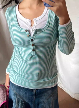 古早味日系复古条纹假两件T恤女禧辣妹修身纽扣半开领长袖y2k上衣