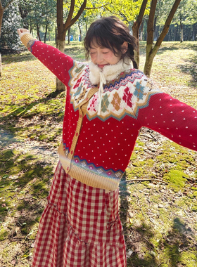 费尔岛红色提花毛衣外套女秋冬慵懒风针织开衫宽松休闲多巴胺上衣