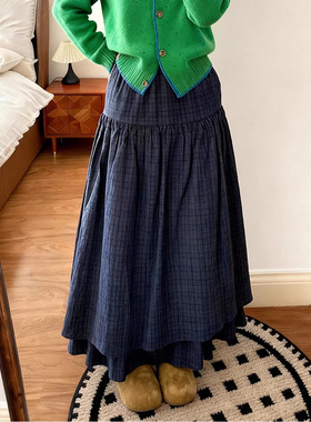 日系格纹双层拼接半身裙女伞裙秋季休闲显瘦a字中长款高腰长裙子
