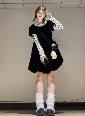 复古学院风黑色花苞连衣裙女秋冬季甜美娃娃领长袖打底上衣两件套