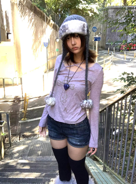 日杂古着感穿搭紫色烫珠短款T恤女千禧妹修身短款圆领长袖y2k上衣