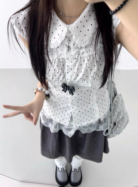 日系娃娃领波点短袖衬衫女小飞袖衬衣修身显瘦学院风蕾丝短款上衣