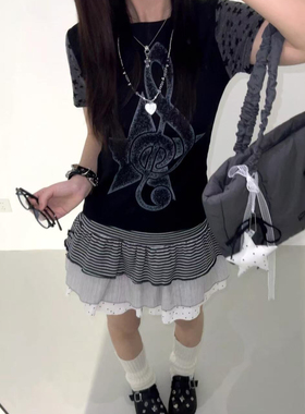 日系撞色拼接音符星星印花短袖T恤轻亚感三重层次条纹蛋糕裙套装