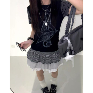 日系撞色拼接音符星星印花短袖T恤轻亚感三重层次条纹蛋糕裙套装