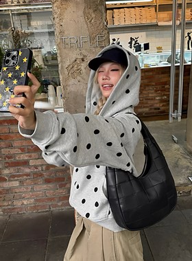 美式复古灰色印花波点连帽拉链短款卫衣秋冬显瘦休闲开衫外套上衣