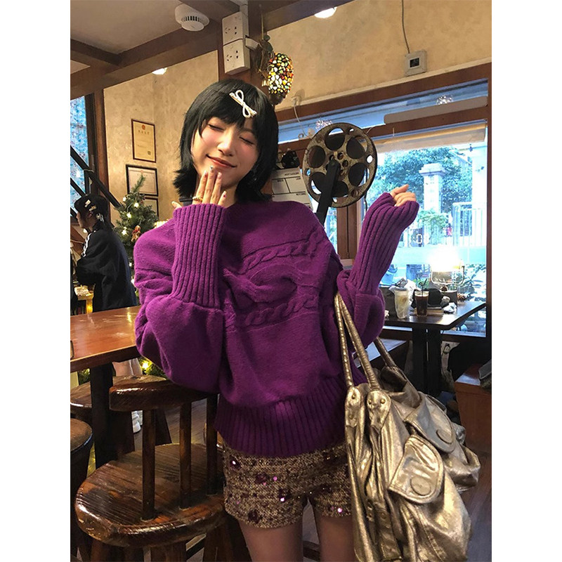 慵懒风紫色高领针织衫女秋冬保暖设计感宽松两穿高领围脖套头毛衣