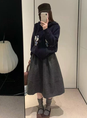 日系灰色毛呢花苞半身裙女秋冬松紧腰百搭a字伞裙中长款蓬蓬裙子