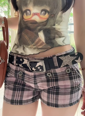 古着感复古紫格纹低腰牛仔超短裤女夏季y2k辣妹设计感a字包臀热裤