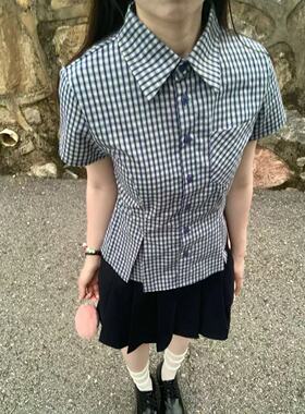 日系学院风套装复古蓝色格纹短袖衬衫女基础款jk箱褶半身裙两件套