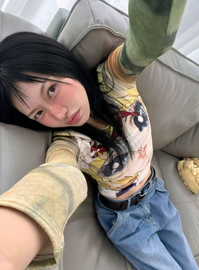 y2k千禧甜辣妹美少女动漫印花长袖T恤女秋季小众修身打底外穿上衣