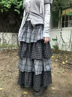 轻亚风古早日杂叠穿格子拼接蛋糕裙女设计感荷叶边中长裙半身裙子