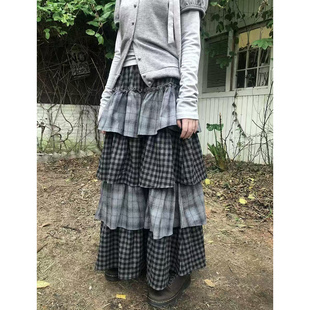 轻亚风古早日杂叠穿格子拼接蛋糕裙女设计感荷叶边中长裙半身裙子