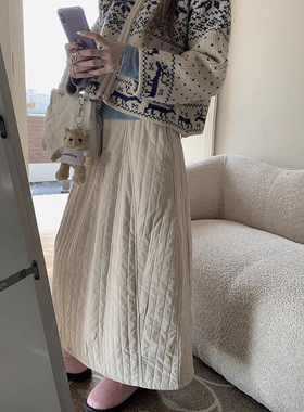 韩系复古白色a字半身裙女秋冬加厚保暖中长款夹棉高腰显瘦花苞裙