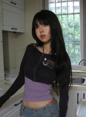 古早味紫色套装复古条纹内搭背心上衣轻亚短款印花开衫y2k两件套