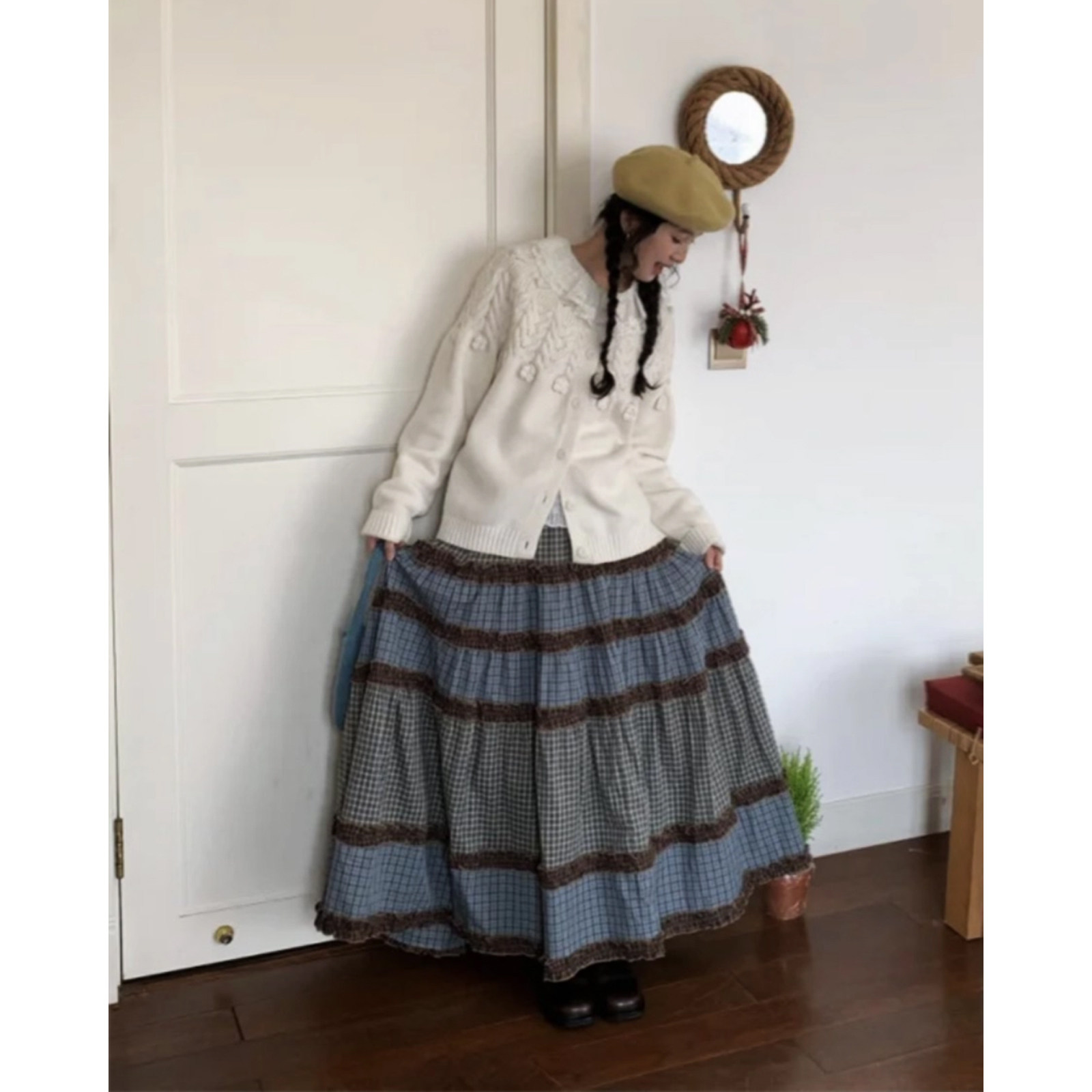 日系复古撞色格纹木耳花边拼接半身裙女学院风大摆裙a字中长裙子,女装/女士精品,半身裙,淘宝优惠券,粉丝福利购,淘宝优惠卷