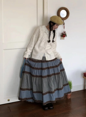 日系复古撞色格纹木耳花边拼接半身裙女学院风大摆裙a字中长裙子