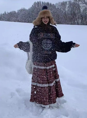 日系甜美红色格纹松紧腰半身裙秋季蕾丝花边拼接蛋糕裙中长伞裙子