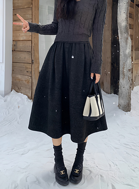 法式加绒加厚毛呢半身裙女秋冬灰色复古半裙宽松中长款高腰a字裙